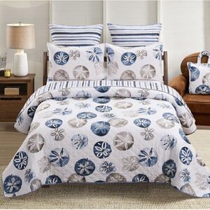 NEW! Beach Theme Sand Dollar Boho Printed KING Quilt Set with Matching Tote Bag